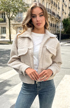 Cozy Teddy Bomber Jacket with Zipper - Eden Beige Soft Oversized Style
