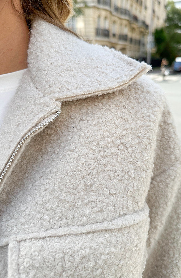 Cozy Teddy Bomber Jacket with Zipper - Eden Beige Soft Oversized Style