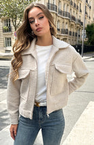 Cozy Teddy Bomber Jacket with Zipper - Eden Beige Soft Oversized Style