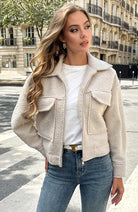 Cozy Teddy Bomber Jacket with Zipper - Eden Beige Soft Oversized Style