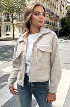 Cozy Teddy Bomber Jacket with Zipper - Eden Beige Soft Oversized Style
