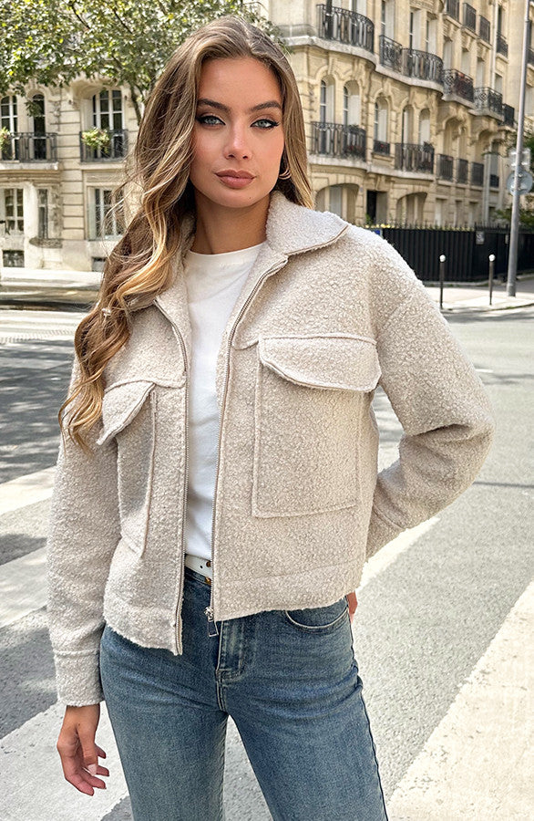 Cozy Teddy Bomber Jacket with Zipper - Eden Beige Soft Oversized Style